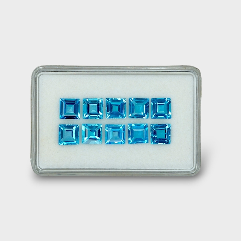 17.34 Cts. Swiss Blue Topaz 6.5mm Step Cut Square Shape AAA Grade Gemstones Parcel - Total 10 Pc.