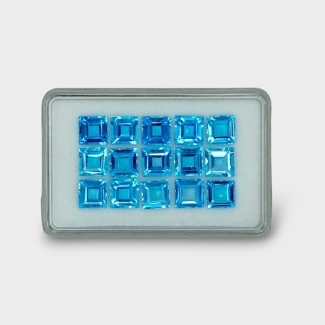 30.85 Cts. Swiss Blue Topaz 7mm Step Cut Square Shape AAA Grade Gemstones Parcel - Total 15 Pc.