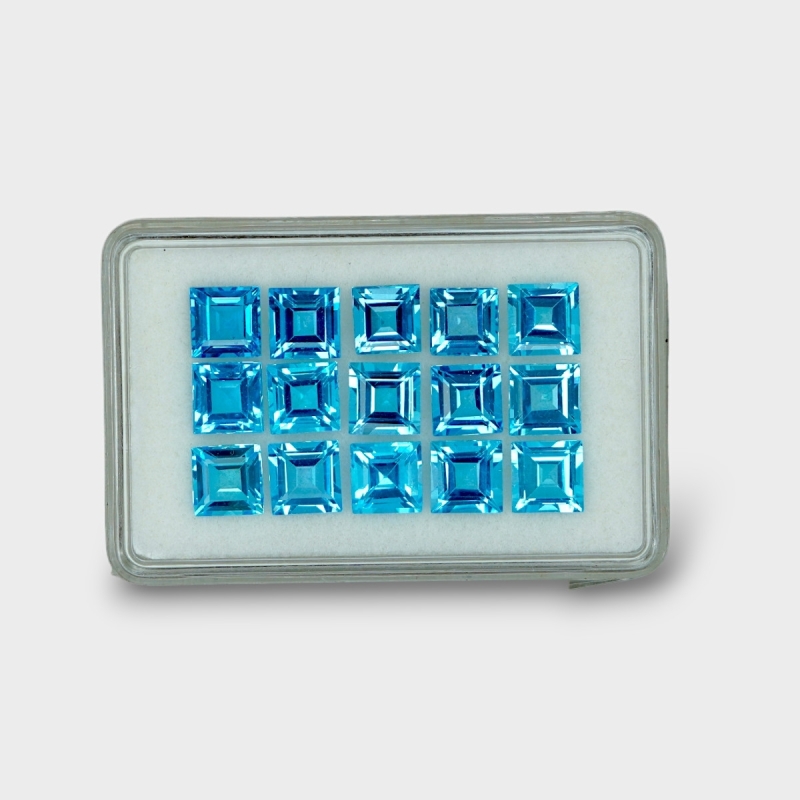 31.97 Cts. Swiss Blue Topaz 7mm Step Cut Square Shape AAA Grade Gemstones Parcel - Total 15 Pc.