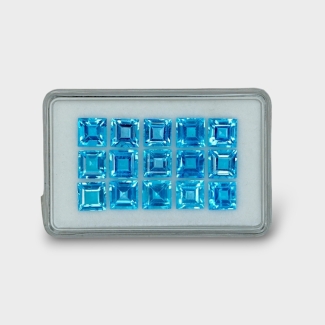 32.55 Cts. Swiss Blue Topaz 7mm Step Cut Square Shape AAA Grade Gemstones Parcel - Total 15 Pc.