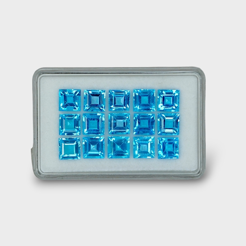 32.55 Cts. Swiss Blue Topaz 7mm Step Cut Square Shape AAA Grade Gemstones Parcel - Total 15 Pc.