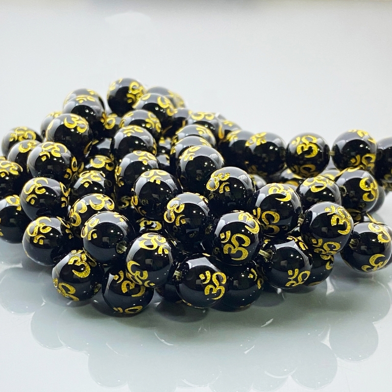 Printed Black Onyx 10mm Smooth Round AAA Gemstone Beads Lot - 182624