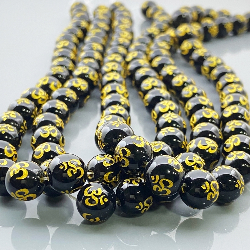 Printed Black Onyx 10mm Smooth Round AAA Gemstone Beads Lot - 182624
