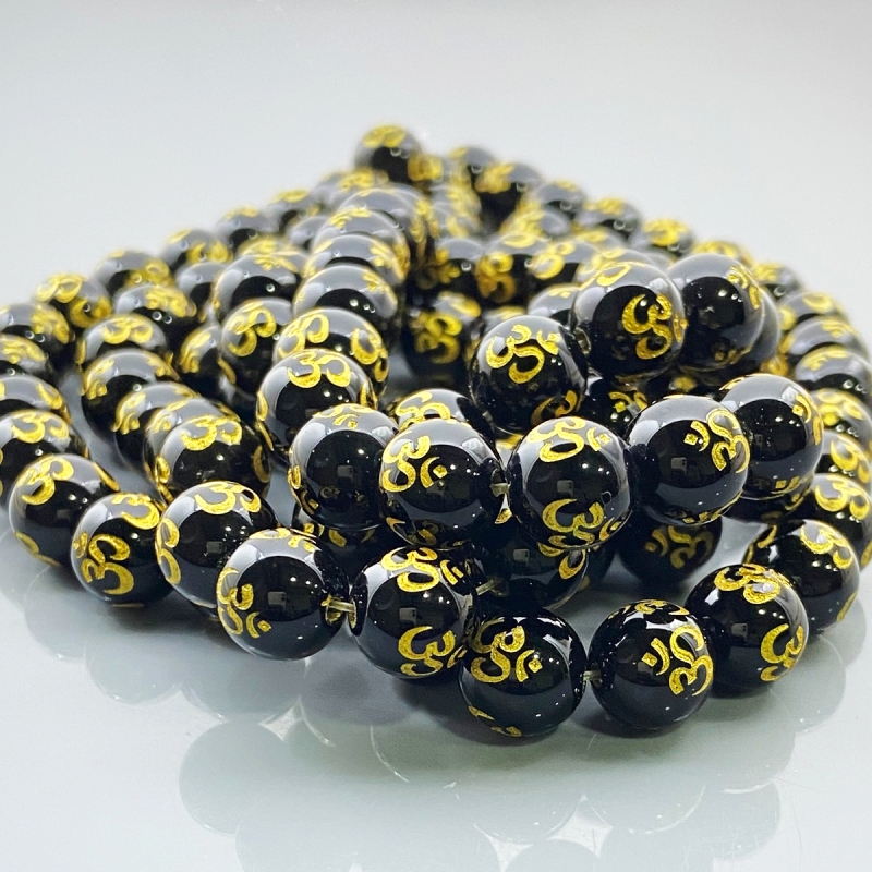 Printed Black Onyx 10mm Smooth Round AAA Gemstone Beads Lot - 182624
