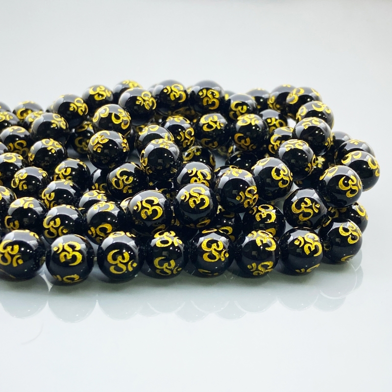 Printed Black Onyx 10mm Smooth Round AAA Gemstone Beads Lot - 182624