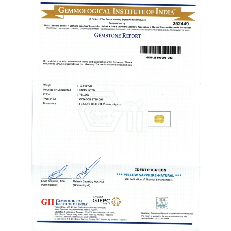 Yellow Sapphire 12.24x10.69x8.51mm Step Cut Octagon AAA Loose Gemstone - PK-182922