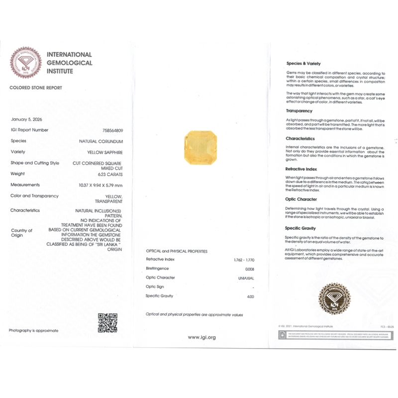 Yellow Sapphire 9.92x9.18x6.05mm Step Cut Octagon AA+ Loose Gemstone - SH01E-183570