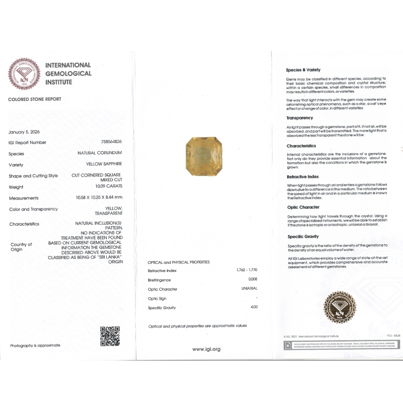 Yellow Sapphire 10.58x10.25x8.44mm Step Cut Octagon AA Loose Gemstone - SH01I-183550