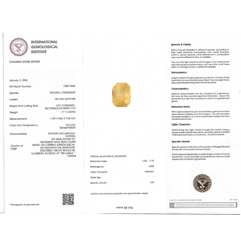 Yellow Sapphire 11.40X8.55X7.03mm Step Cut Octagon AA+ Loose Gemstone - SH01B-183561