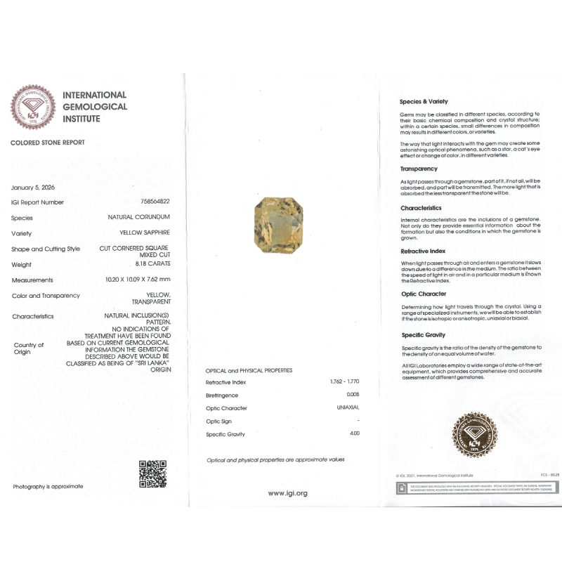 Yellow Sapphire 10.20X10.09X7.62mm Step Cut Octagon AA+ Loose Gemstone - SH01H-183555