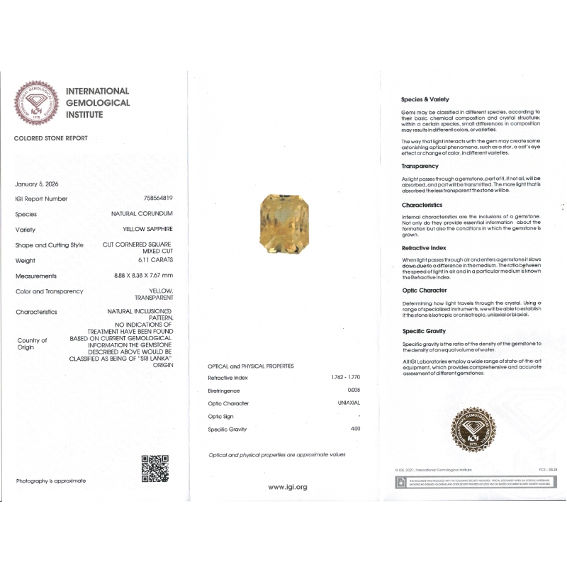 Yellow Sapphire 8.88x8.38x7.67mm Step Cut Octagon AA Loose Gemstone - SH01G-183546