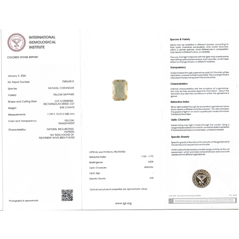 Yellow Sapphire 11.99x10.70x5.85mm Step Cut Octagon AA+ Loose Gemstone - SH01F-183575