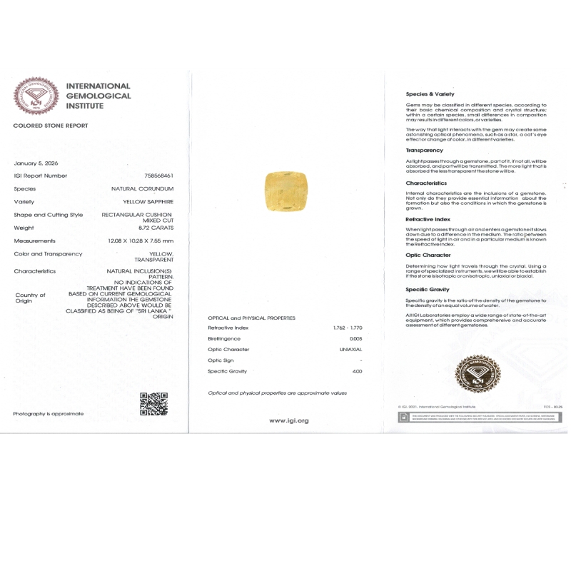 Yellow Sapphire 12.08x10.28x7.55mm Faceted Cushion AA+ Loose Gemstone - SA07D-183810