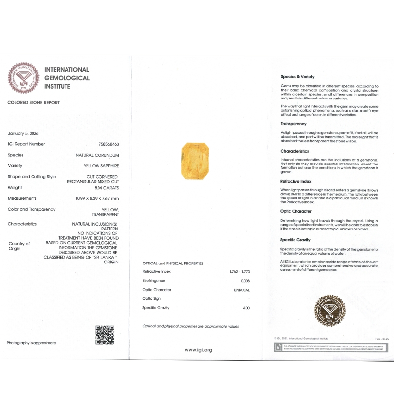 Yellow Sapphire 10.99x8.39x7.67mm Step Cut Octagon AA+ Loose Gemstone - SA07E-183812