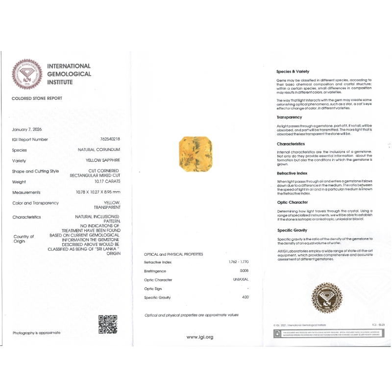 Yellow Sapphire 10.78x10.27x8.95mm Step Cut Octagon AAA Loose Gemstone - SA07C-183804