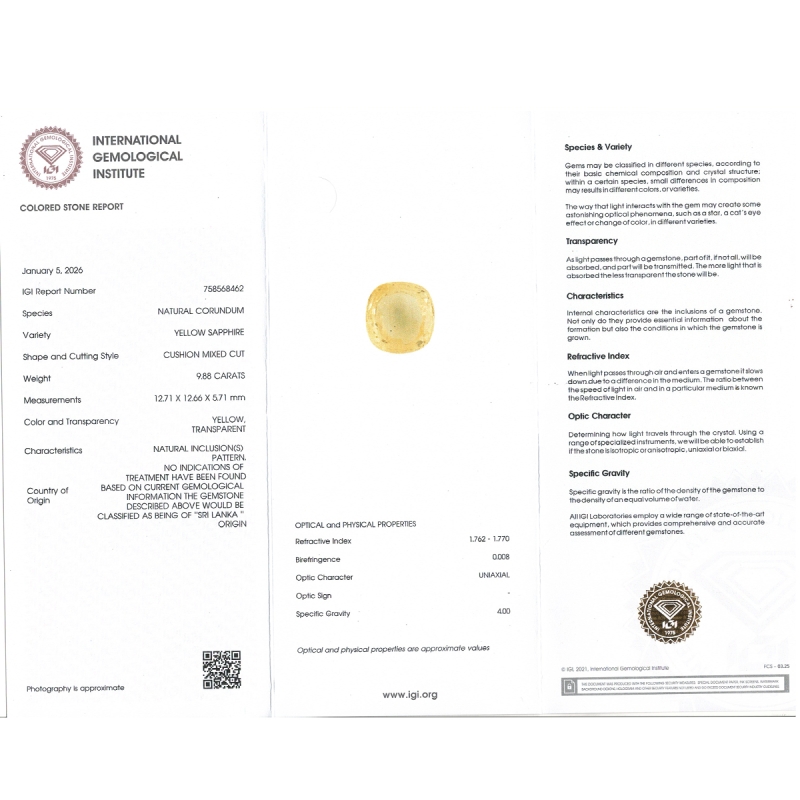 Yellow Sapphire 12.71x12.66x5.71mm Faceted Square Cushion AA Loose Gemstone - SA008-183820