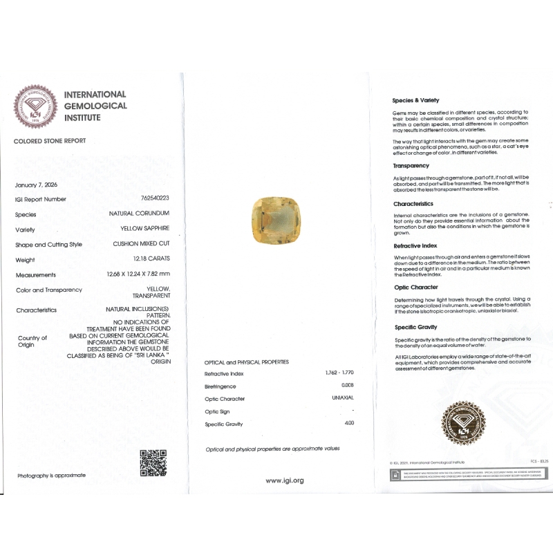 Yellow Sapphire 12.69x12.25x7.80mm Faceted Square Cushion AAA Loose Gemstone - GP-183013