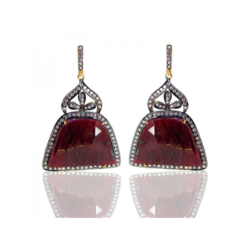 Ruby and Diamond White CZ 925 Sterling Silver Earrings