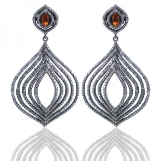 Spessartite Garnet and Diamond White CZ 925 Sterling Silver Earrings