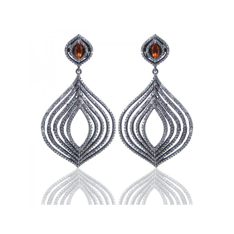 Spessartite Garnet and Diamond White CZ 925 Sterling Silver Earrings