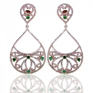 Emerald and Diamond  White CZ 925 Sterling Silver Earrings