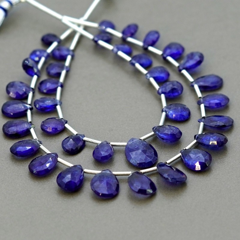 Blue Sapphire Briolette Pear Shape Gemstone Beads Layout - 7-12mm - 5-7 Inch - 2 Strand