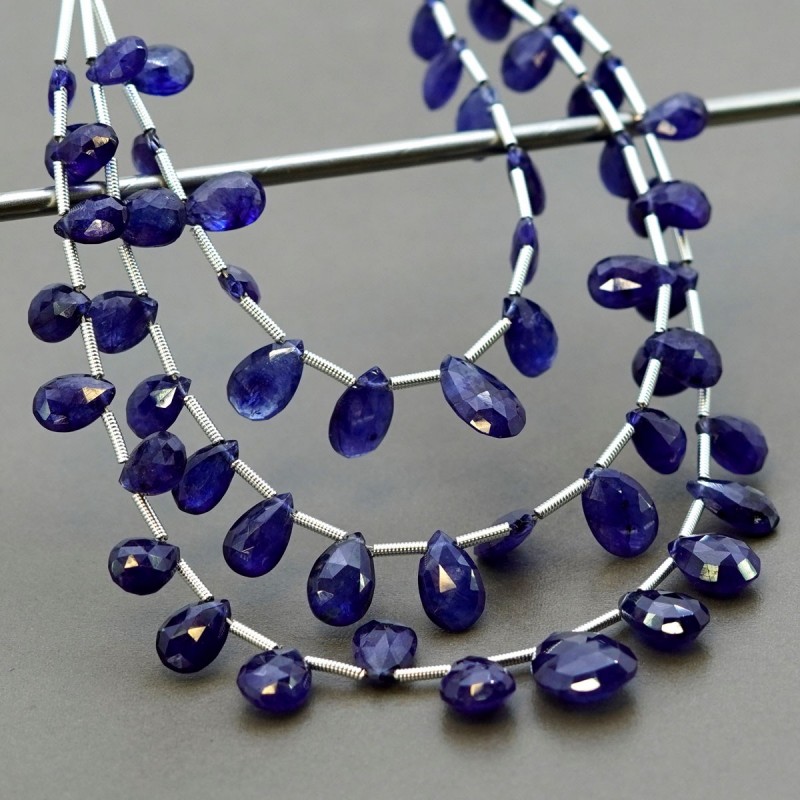 Blue Sapphire Briolette Pear Shape Gemstone Beads Layout - 7.5-14mm - 5-8 Inch - 3 Strand