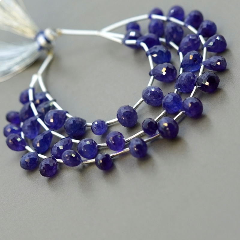 Blue Sapphire 8-14mm Briolette Drop Shape AA+ Grade Multi Strand Beads Layout - Total 3 Strands of 5-8 Inch