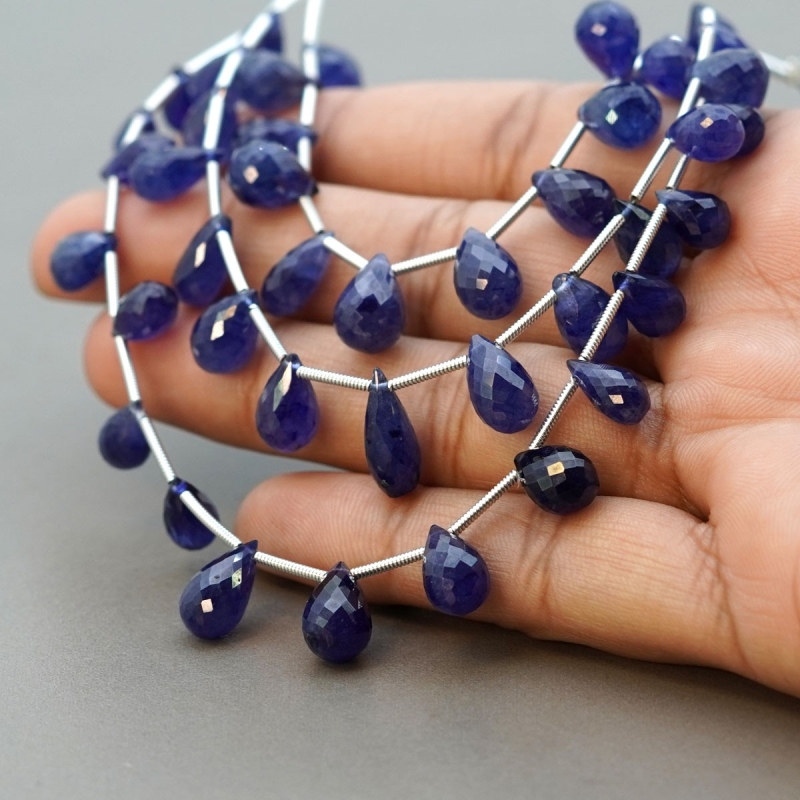 Blue Sapphire 8-14mm Briolette Drop Shape AA+ Grade Multi Strand Beads Layout - Total 3 Strands of 5-8 Inch