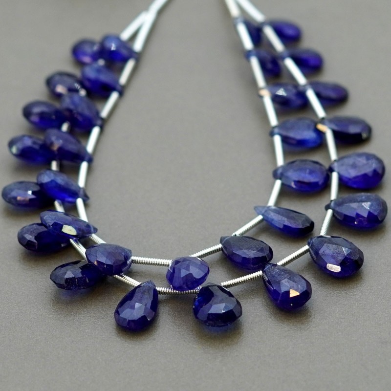 Blue Sapphire Briolette Pear Shape Gemstone Beads Layout - 7-12.5mm - 6-7 Inch - 2 Strand