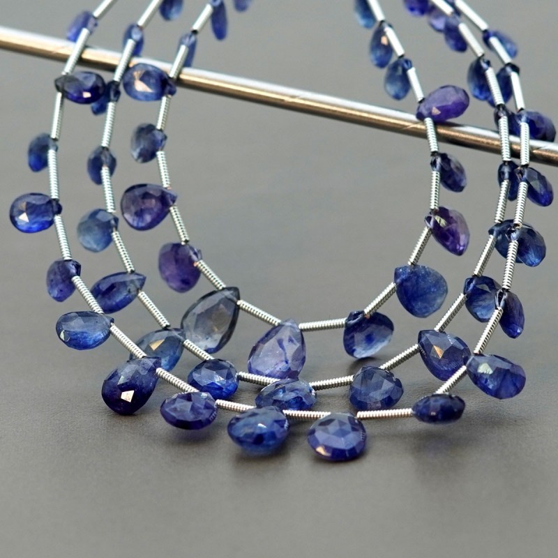 Blue Sapphire Briolette Pear Shape Gemstone Beads Layout - 6-11.5mm - 6-8 Inch - 3 Strand