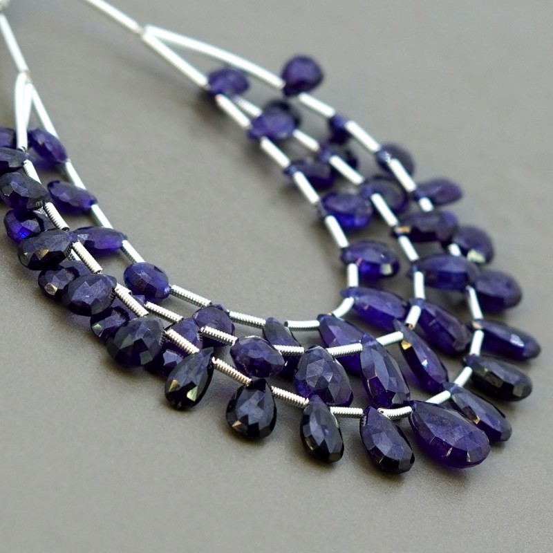 Blue Sapphire Briolette Pear Shape Gemstone Beads Layout - 7.5-13.5mm - 4-7 Inch - 3 Strand